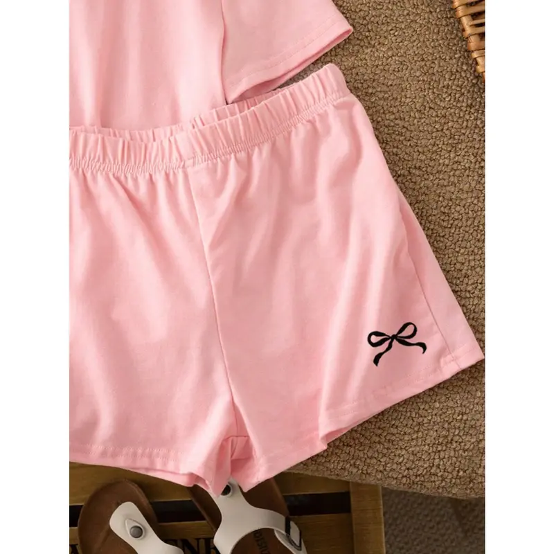 2pcs Tween Girls Casual Minimalist Bow Decor Short Sleeve Top And Shorts Set, Summer Outfit 4