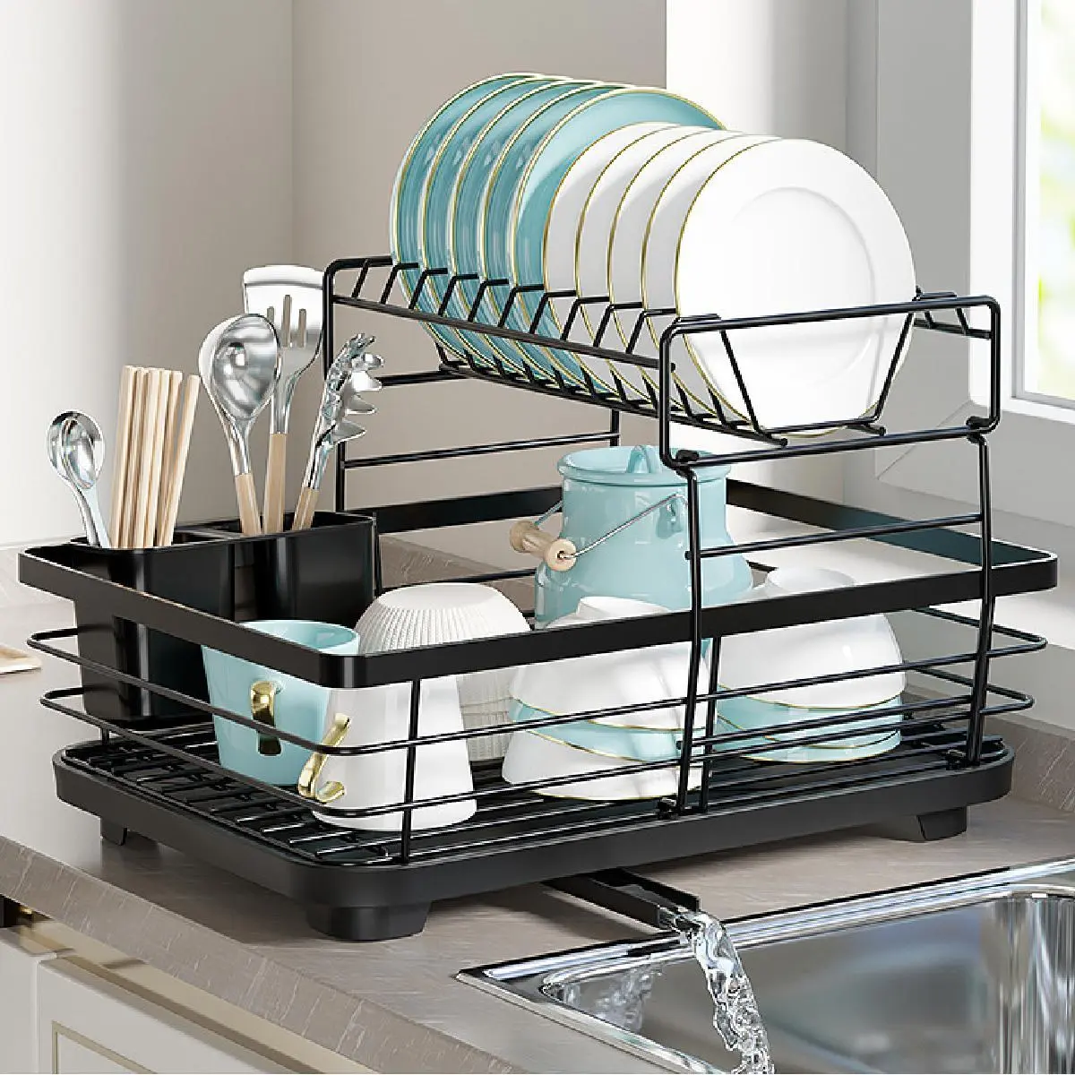 Dish Drainer Rack- Space-Saving Dish Drainer, Dish Racks for Kitchen Counter, Stainless Steel Kitchen Drying Rack with a Cutlery Holder, Large, Black storage dish  drainer dish  drying  rack