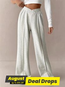 Women's Plain Asymmetrical Elastic Waist Thin Wide Leg Sweatpants, Casual Basic Comfy High Waist Pants for Daily Wear, Ladies' Bottoms for Fall, Baggy Pants, Style Womenswear, Casual Minimalist Trousers