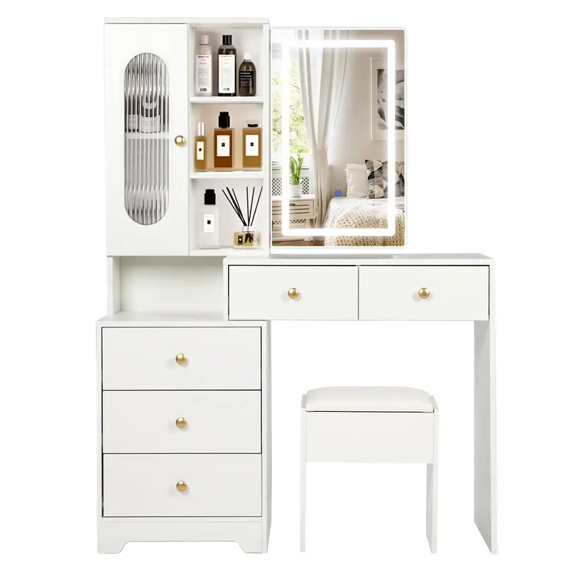 Joolihome Modern Dressing Table Set with Sliding Mirror, 5 Shelves & 5 Drawers, Adjustable 3 colors Light and Soft Stool for Bedroom 1