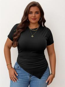 【Plus Size】 Solid Color Asymmetrical Hem Tee, Casual Short Sleeve T-shirt for Summer, Women's Plus Clothing for Daily Wear