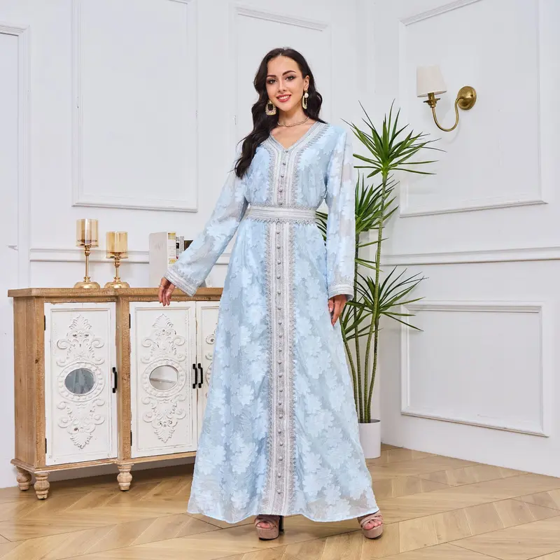 2025V Collar Temperament Dress Middle East Jacquard Rhinestone Silver Lace Robe Abaya 0