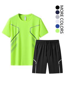Men's Reflective Stripe Tee & Shorts Set, Round Neck Short Sleeve T-shirt & Track Shorts, Casual Sporty Breathable Men's Outfits for Gym Workout Running, Workout Gym Clothing, Workout Summer Clothes, Summer Athletic Wear, Sweatsuit Set Outfit