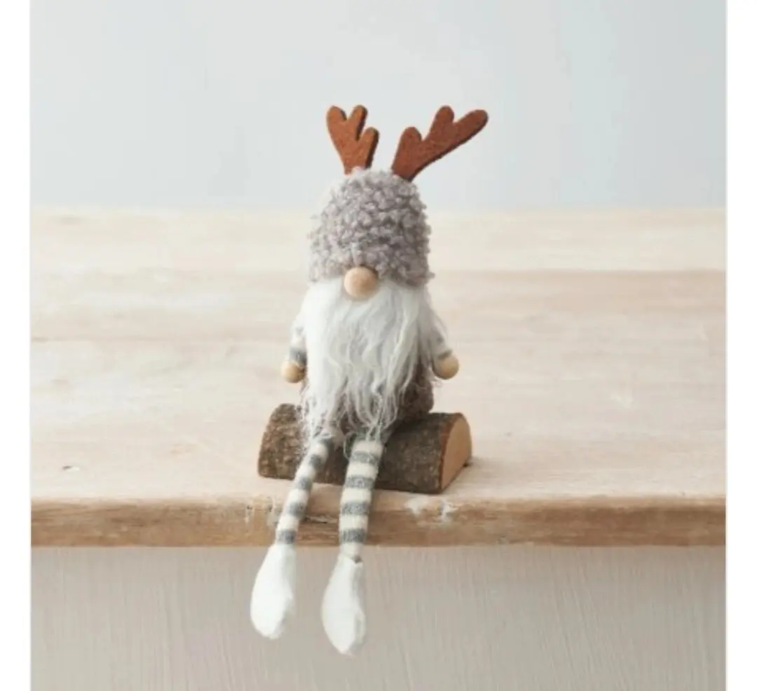 Gonk On A Log With Antlers Grey 14cm