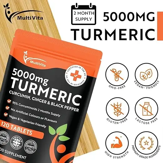 Turmeric Tablets 5000mg with Black Pepper & Ginger - 120 High Strength Curcumin Supplements - Turmeric and Black Pepper Tablets (Not Turmeric Capsules or Powder) Vegan & Gluten Free 2