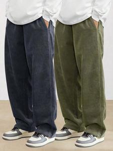 Men's Solid Drawstring Waist Corduroy Pants, Loose Casual Comfy Pocket Trousers for Fall & Winter, Men's Bottoms for Daily Wear