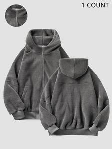Unisex's Solid Drop Shoulder Zip Up Fleece Jacket, Fashion Casual Pocket Hooded Outerwear for Daily Outdoor Wear, Unisex's Clothes for Winter