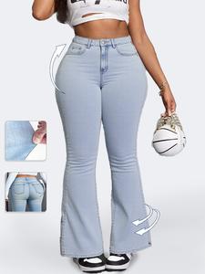 【Plus Size】 Solid Color Flared High Waist Flare Leg Jeans, Casual Comfy Denim Bell Bottom Trousers for Daily Wear, Women's Bottoms for Fall & Winter