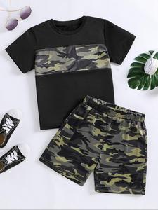 Two-piece Set Boy's Camo Print Short Sleeve T-shirt Tee & Elastic Waist Shorts Set, Summer Clothes, Casual Round Neck T-shirt with Shorts, Summer Outfits, Kids Outfits Set