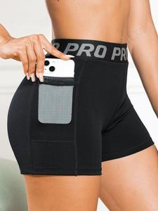 Women's Letter Tape Pocket High Waist Sports Gym Shorts, Comfy Breathable Stretchy Skinny Shorts for Yoga Workout Running, Ladies Summer Sportswear, Gymclothes, Athletic Shorts