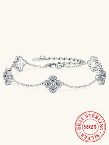 S925 Sterling Silver Synthetic Moissanite Decor Clover Design Bracelet, Fashionable Jewelry for Women, Trendy All-match & Exquisite Jewelry for Birthday Gift, Rhinestone Bracelet