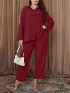 Plus Size Solid Button Front Two-Piece Set, Long Sleeve Collared Top & Split Hem Trousers for Spring & Fall, Women's Two-piece Outfits for Daily Wear