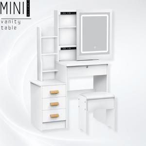 TESYIO Mini Vanity Desk with a Mirror and Lights，with Chair and Four Drawers, Three Adjustable Lighting Modes,with Sliding LED Mirror,Bedroom Vanity Desk (White)