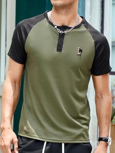 Men's Regular Fit Colorblock & Letter Print Raglan Sleeve Tee, Summer Clothes, Casual Short Sleeve Round Neck T-shirt For Summer, Men's Top For Daily Wear