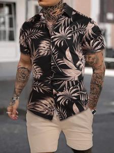 Two-piece Set Men's Tropical Print Shirt & Drawstring Waist Shorts Set, Regular Fit Boho Casual Palm Tree Print Button Front Top & Pocket Design Shorts for Travel Beach Vacation, Red Going Out Outfits, Clothing