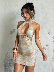 Women's All Over Print Backless Halter Dress, Fashion Casual Sleeveless Short Dress for Holiday Vacation, Ladies Summer Clothes