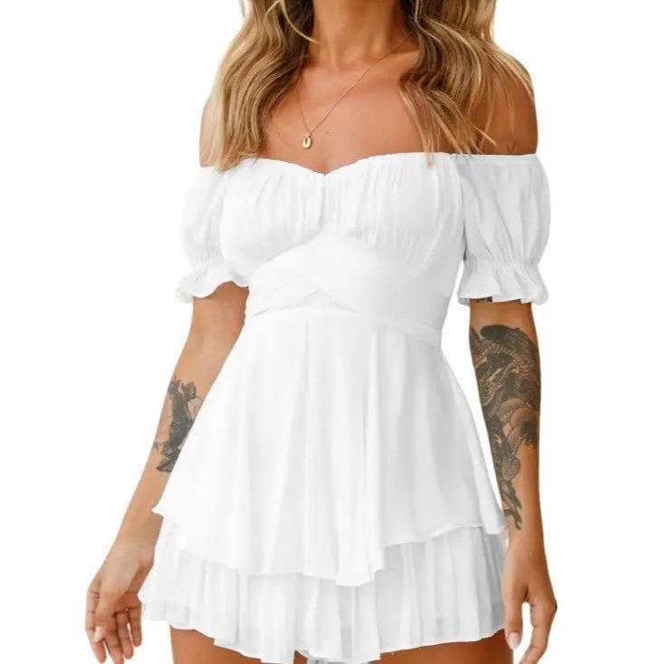 Women'S Jumpsuit Solid Color Fashion Sexy One-Shoulder Lantern Off-Shoulder Lotus Leaf Sleeve Casual Summer Women'S Shorts Skirt 7