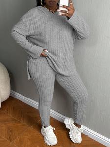 【Plus Size】 Women's Two-Piece Set Solid Textured Ribbed Drop Shoulder Hoodie & Elastic Waist Pants, Casual Fashion Cozy Ribbed Outfits for Daily Outdoor Wear, Ladies Clothing for Fall & Winter