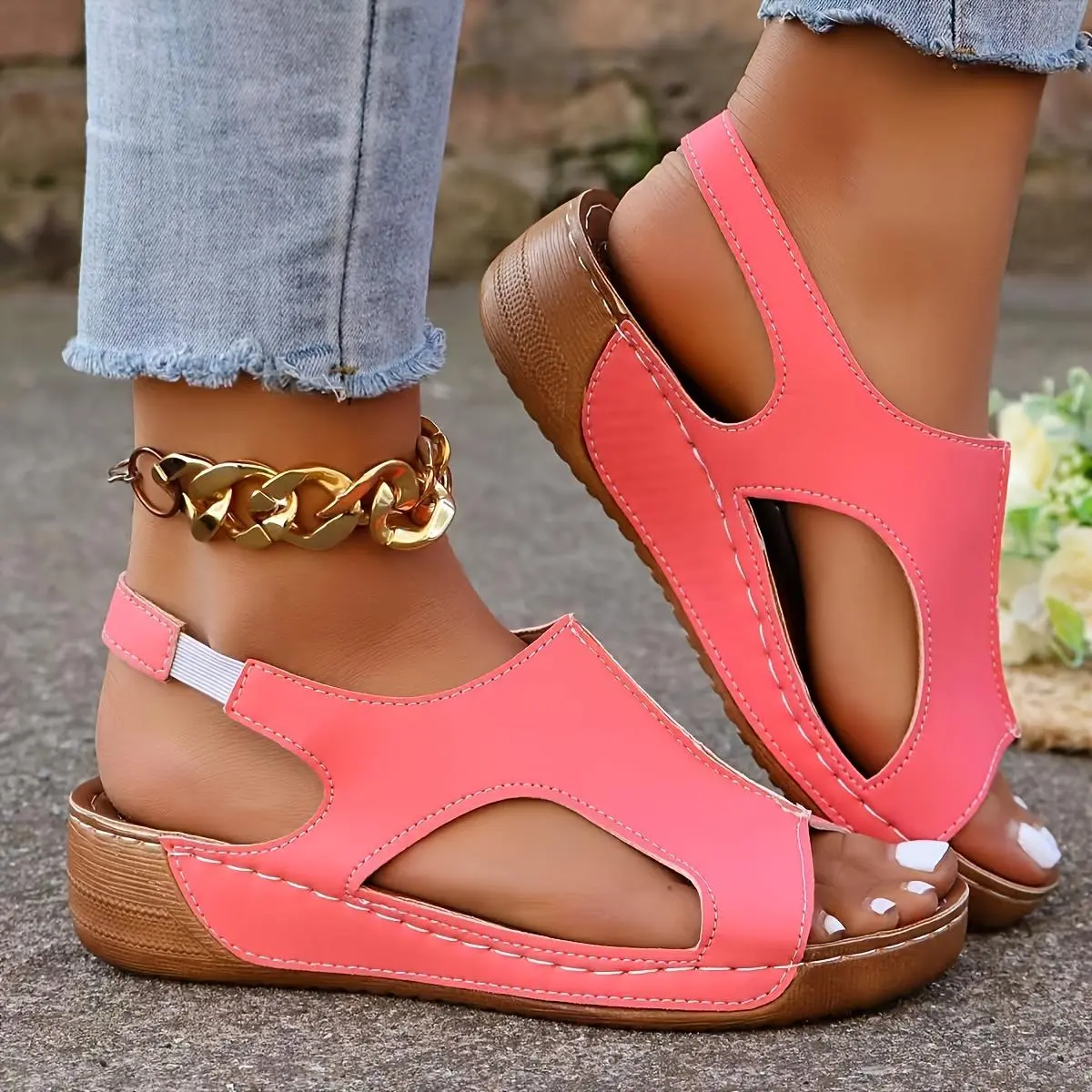 Women's Casual Wedge Sandals - Comfortable Open-Toe Slip-On Design with Elastic Ankle Strap, Solid Color PU Cover, Arch Support, Available in Multiple Colors Footwear Walking Shoes