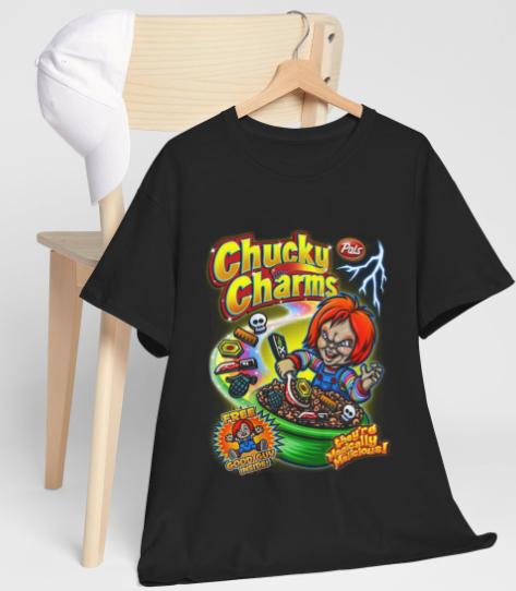 Chucky Charms Novelty Halloween T-Shirt/Tee/Top with a unique design. Unisex Casual Classic Cotton Fabric Menswear Basic Fashion Love 4