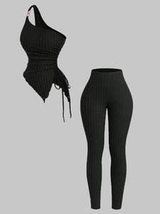 Two-Piece Set Women's Solid Ribbed Crop Tank Top & Skinny Pants for Daily Outdoor Wear, Ladies Clothes for All Seasons, Suits