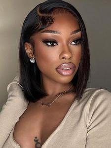 Glueless Wigs Human Hair, Pre Plucked Pre Cut Wear and Go Straight Bob Wigs, For Summer 12" 4x4 HD Lace Closure Wigs, 180% Density Short Human Hair Wigs for Black Women