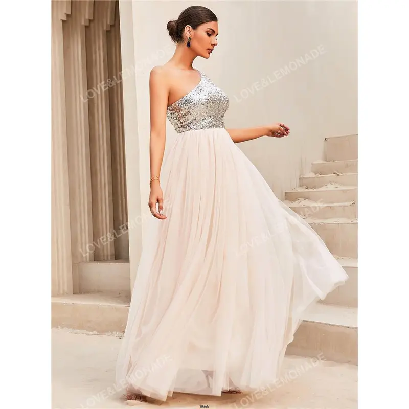 Hem Mesh Shoulder LOVE LEMONADE Contrast Sequin One Overlay Formal Dress 0