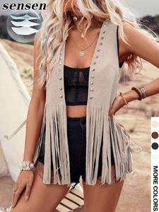 Women's Solid Color Fringe Trim Open Front Vest Jacket, Casual Fashionable Denim-effect Ripped Vest Coat for Daily Outdoor Wear, Ladies Clothes for Spring & Fall, Tops