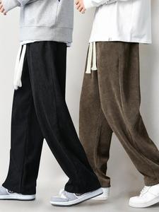 Men's Solid Drawstring Waist Corduroy Pants, Casual Comfy Straight Leg Trousers for Fall & Winter, Men's Bottoms for Daily Wear