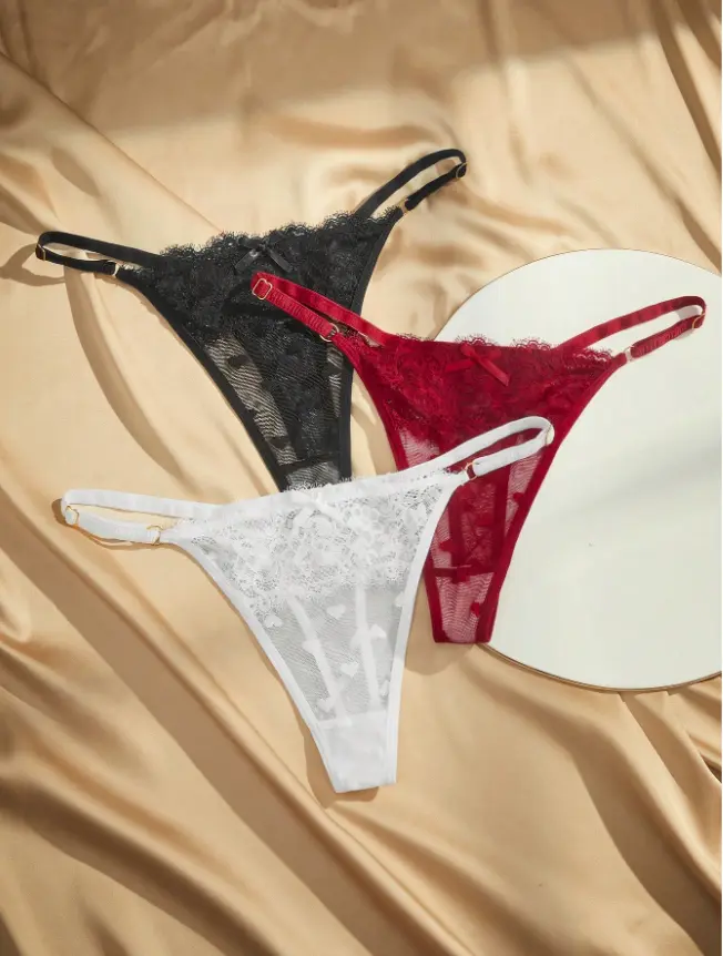 3pcs/Pack Women's Low Waist Lace String Panties With Random Heart Pattern