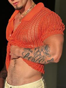 Men's Solid Color Hollow Out Sheer Half Button Short Sleeve Tee, Breathable Comfortable Loose Knit Top for Summer, Fashion Men's Clothes for Daily Wear