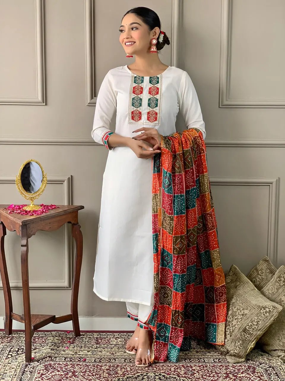 Women's Off White Viscose Embroidered Straight Kurta with Viscose Pant and Silk Blend Printed Dupatta Sets  Colour: Off White