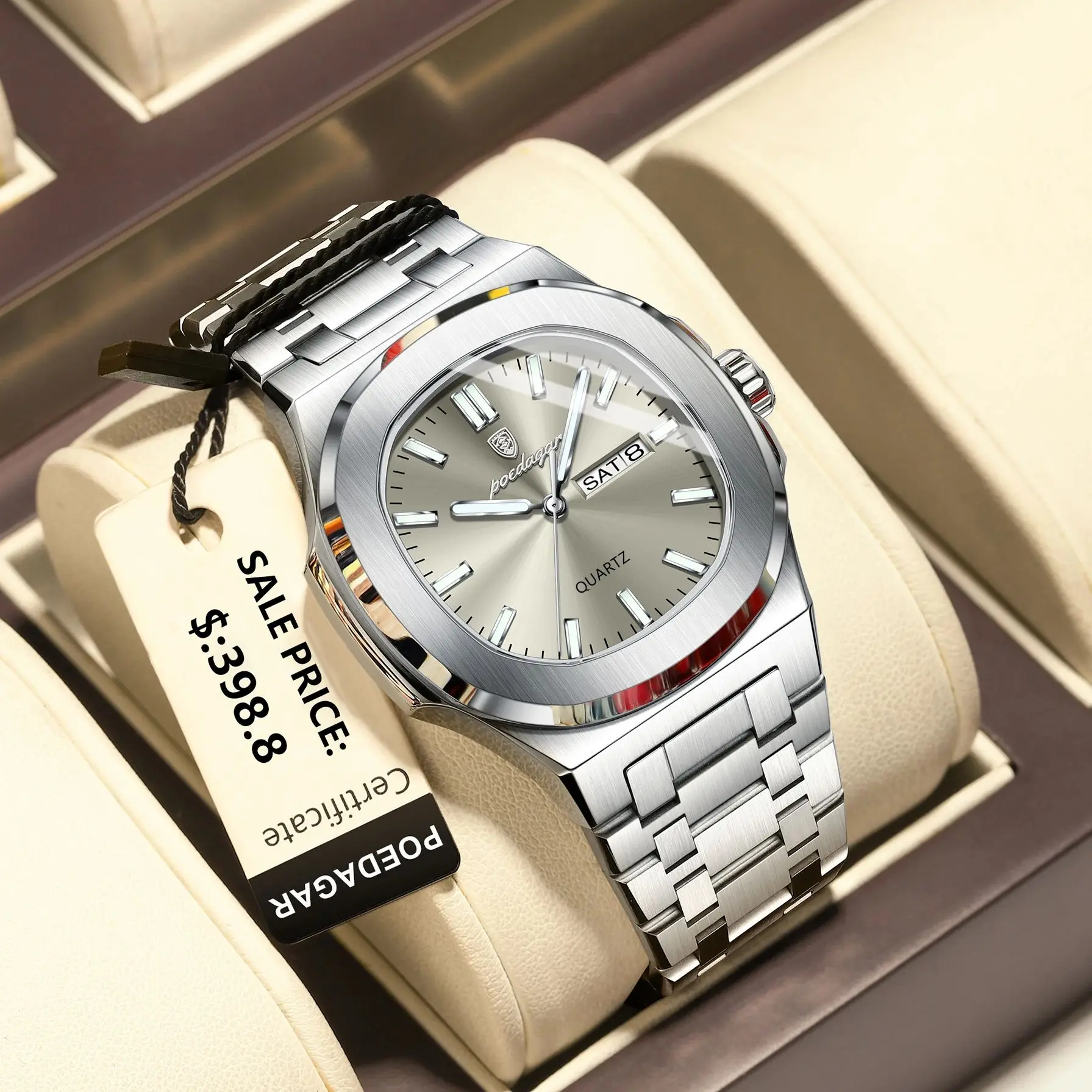 Luxury Military Man Watch Square Waterproof Luminous Date Week Men Watch Stainless Steel Quartz Men's Watches Reloj+box