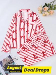 Two-piece Set Women's Bow Print Button Front Pocket Shirt & Elastic Waist Pants Pajama, Casual Comfy Long Sleeve Lapel Neck Top & Trousers Pj Set, Ladies Sleepwear for Spring & Fall, Longsleeves Womenswear, Striped Soft Sleepwear Loungewear