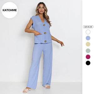 KatchMe Women's Versatile V Neck Gold-Toned Button Decor Lightweight Tank Top & Wide Leg Trousers Co-ord, Summer Chic 2 Piece Set, Basic Two Piece Outfits