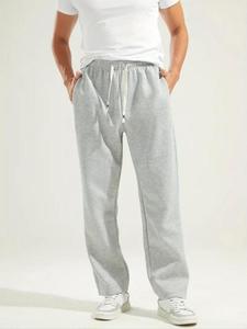 Men's Solid Drawstring Waist Straight Leg Pants, Loose Casual Comfy Pocket Trousers for Fall & Winter, Men's Bottoms for Daily Wear