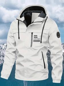 Men's Letter Patched Pocket Zip Up Hooded Jacket, Casual Windproof Waterproof Long Sleeve Drawstring Outerwear for Fall & Winter, Men's Sportswear for Outdoor Activities, Winter Coats