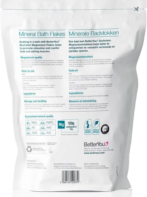 BetterYou Magnesium Bath Flakes 1kg – Natural Zechstein Mineral Salts | Vegan, Palm Oil Free, Relax & Detox Soak 1