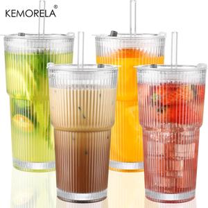 20oz Glass Cup with Lid & Straw, 1/2 Counts/set Glass Tumbler with Straw & Lid, Vintage Glassware for Whiskey Cocktail Beer Iced Coffee, Kitchenware, Drinkware, Summer Cool Bottle, Drinking Glassware