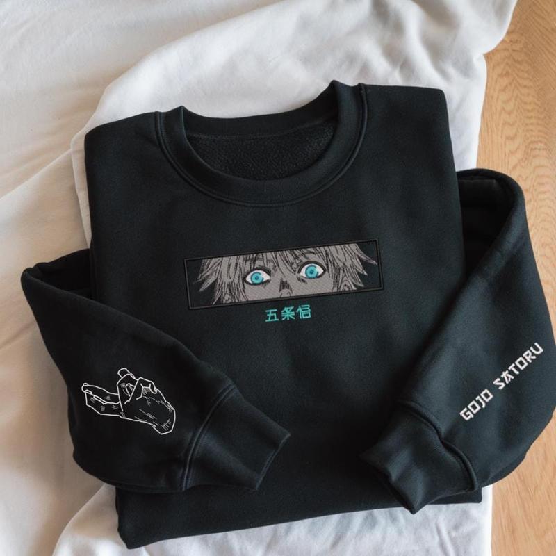 Embroidered Anime Sweatshirt, Sorcery Battle Sweater, Limitless Cursed Technique Design, Six Eyes Manga-Inspired, Gifts for Anime 1