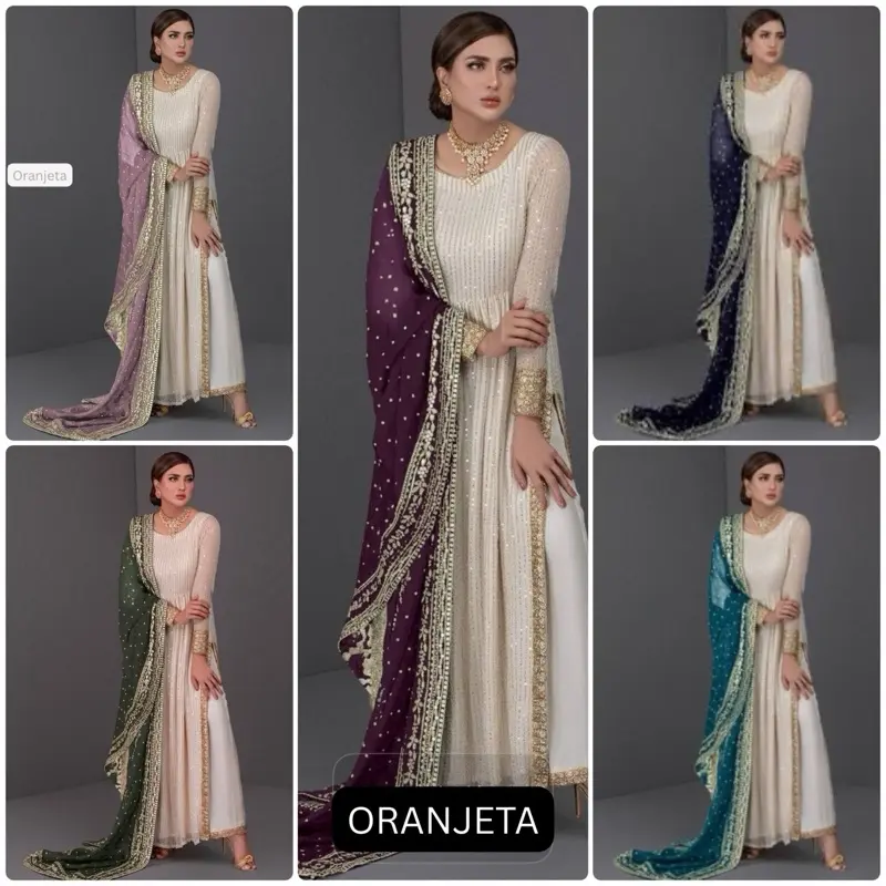 Nyra cut Anarkali Dress with Plazo Trousers & Embroidered Chiffon Dupatta – Elegant for Eid, Wedding, Party & Special Occasions pakistani dresses designer clothes Breathable Womenswear Traditional Elegance Lightweight Comfortable Outfit indian frock