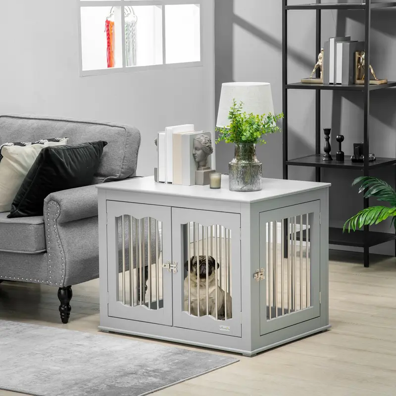 PawHut Dog Crate End Table with Three Doors, Furniture Style Dog Crate for Medium Dogs with Locks & Latches, Grey 1