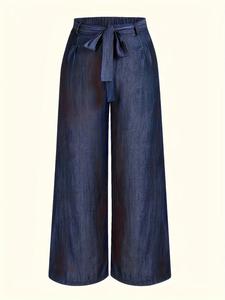 Women's Denim-Effect Print Tie Side Straight Leg Pants, Elegant Fashion Casual Trousers for Daily Outdoor Wear, Women's Bottoms for Spring Fall