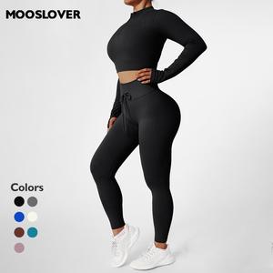 Mooslover UK Slim-Fit Streamline Ribbed Seamless Yoga Sets with Long-Sleeved Crop Top and High-Waist Leggings