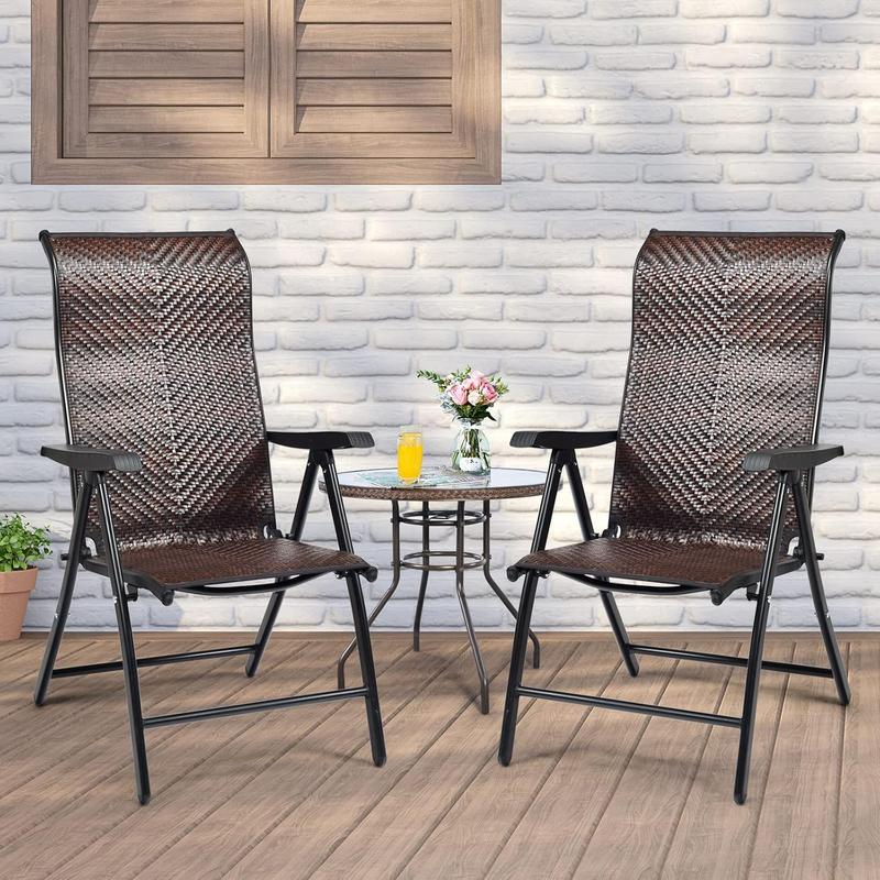 Set of 2 Patio Rattan Folding Chair, 5-Position Adjustable Outdoor Wicker Dining Seat with Widened Armrest,High Backrest and Anti-slip Pads for Garden Picnic Camping (1) 1