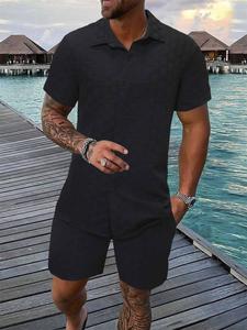 Men's Solid Textured Short Sleeve Button Front Shirt & Pocket Drawstring Waist Shorts Two-piece Set, Casual Summer Outfits Clothes Set for Men, Shortsleeve Menswear, Summer Outfit, Casual Matching Set, Tropical Soft Lounge Sets