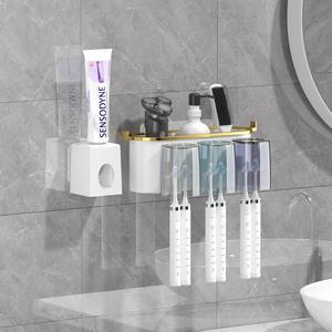 Wall Mounted Toothpaste Dispenser with Toothbrush Holder, Bathroom Storage Rack with Mouthwash Cup, Bathroom Accessory Organizer
