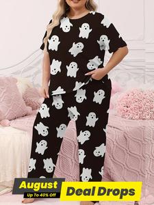 【plus Size】 Two-piece Set Halloween Themed Ghost Print Tee & Elastic Waist Pants Pyjama, Casual Comfy Round Neck Short Sleeve T-shirt & Trousers Set, Women's Sleepwear for All Seasons