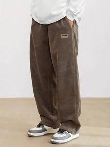 Men's Letter Print Corduroy Pants, Loose Casual Comfy Straight Leg Trousers for Spring & Fall, Woven Bottoms for Men