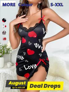 Women's Heart & Letter Print Bowknot Decor Contrast Lace Cami Nightdress, 1 Count Adjustable Spaghetti Strap Split Hem Nightgown, Soft Comfortable Sleepwear Loungewear for Women